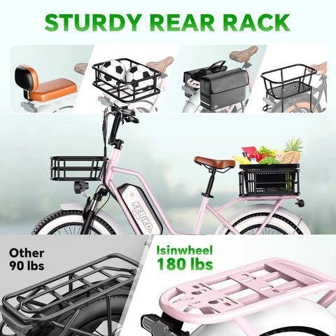 Sturdy rear rack on a pink electric bike with cargo basket, seat, and bag for commuting and shopping