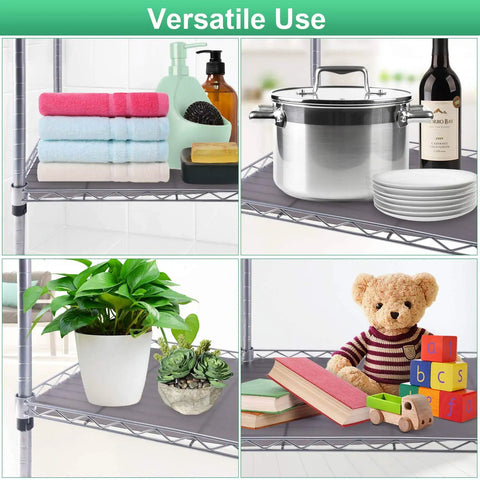 Heavy Duty Quilted Plastic Wire Shelf Liner 18 x 48 Inches Non Slip Protective Mat holding towels and kitchen items on a shelf.