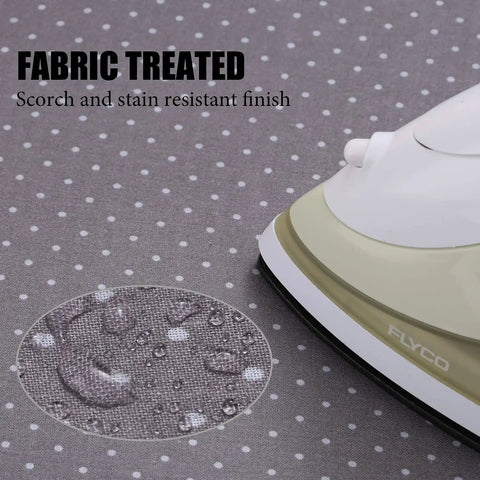 Close-up of iron on Heavy Duty Ironing Board Cover With Four Layer Thick Padding Two Inch Elastic Stain And Scorch Resistant Finish