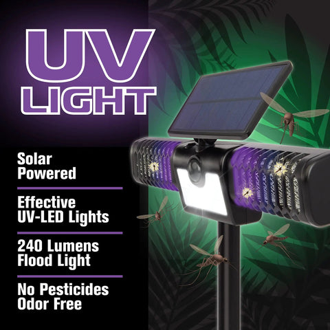 Solar Powered 2in1 Bug Zapper And Flood Light Outdoor Insect Killer With 18W UV Lamp And 1200V High Voltage Weatherproof Pest Control