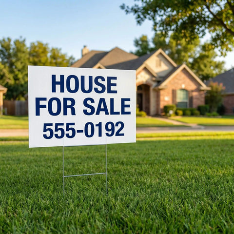 10 Pack 18x24 Heavy Duty Corrugated Plastic Yard Signs With Sturdy H Stakes For Estate Sales Garage Sales Parties Weddings Birthdays Campaigns And Parking Make Your Own Outdoor Sign Kit, displayed on a lawn with house for sale message