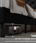 Queen Upholstered Bed Frame With 16 Inch Wingback Headboard And Built In Dual Charging Station Button Tufted Platform Base Solid Wood Slat Support No Box Spring Needed Zero Hassle Setup Black with 8 inch storage space under bed