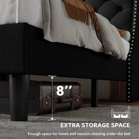 Queen Upholstered Bed Frame With 16 Inch Wingback Headboard And Built In Dual Charging Station Button Tufted Platform Base Solid Wood Slat Support No Box Spring Needed Zero Hassle Setup Black with 8 inch storage space under bed