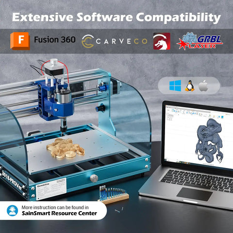 3018 ProVer V2 Desktop CNC Milling Machine For Beginners beside laptop, showcasing software compatibility.
