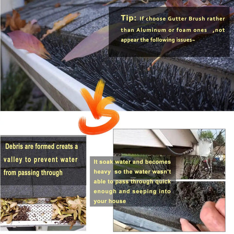 5 Inch Gutter Brush Guard Kit For DIY No Tools 10 Pack 32 Ft Leaf Guard To Stop Clogs Fits K Style Gutters 4.33 Inch Diameter Durable Weatherproof Build shown installed on roof gutter with leaves around.