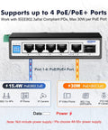 Rugged Six Port Mini Gigabit Industrial PoE Switch with four PoE ports and uplink, diagram showing power and data connections