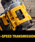 Close-up of 2-speed transmission on yellow 20V Max XR Cordless Drill/Driver Bare Tool 1/2 Inch Compact Variable Speed High Bit Retention Tight Space Pro Supports PowerStack And Other Batteries For Tough DIY Projects.