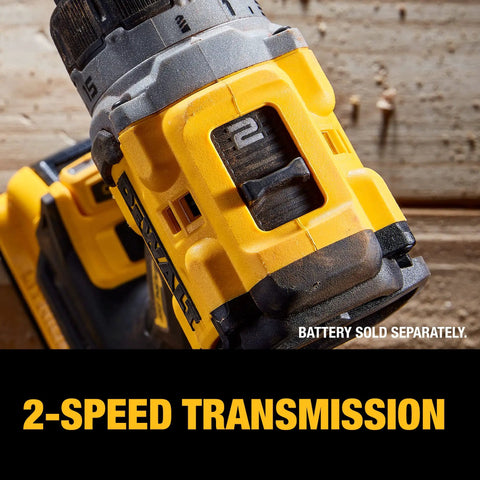 Close-up of 2-speed transmission on yellow 20V Max XR Cordless Drill/Driver Bare Tool 1/2 Inch Compact Variable Speed High Bit Retention Tight Space Pro Supports PowerStack And Other Batteries For Tough DIY Projects.