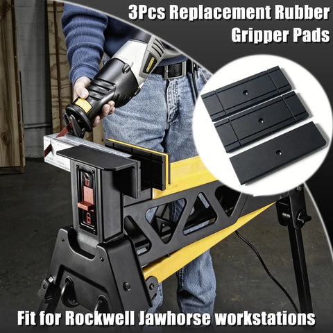 3 Pack Replacement Rubber Jaw Pads For Jawhorse RK9000 RK9002 RK9003 shown with saw on workbench.