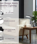 Living room setting with Natural Daylight Desk Lamp With Adjustable Gooseneck For Reading Working Crafting Sewing Or Homework Eye Strain Relief 6400K 27W Light For Dorm And Office Black on side table near sofa, showcasing flexible gooseneck and rocker switch.