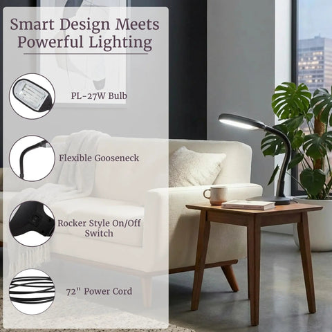 Living room setting with Natural Daylight Desk Lamp With Adjustable Gooseneck For Reading Working Crafting Sewing Or Homework Eye Strain Relief 6400K 27W Light For Dorm And Office Black on side table near sofa, showcasing flexible gooseneck and rocker switch.