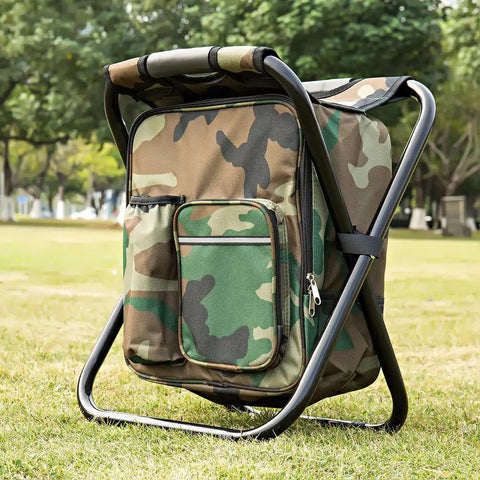 Go-To Multifunction Folding Cooler And Stool Backpack For Outdoor Adventures in camouflage, set on green grass.