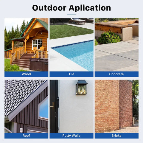 Outdoor application showing No Sweat Clear Waterproof Sealant And Adhesive on wood, tile, concrete, roof, putty walls, and bricks.