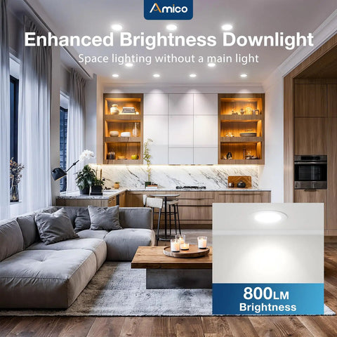 Modern living room with 6 Inch Ultra Thin LED Recessed Ceiling Light With Junction Box, 3 CCT Selectable, 12W, 1000 Lumen
