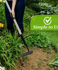 Person using Beast Of A Heavy Duty Garden Hoe With Long Handle For No Sweat Weeding And Tilling in a lush garden, 6-inch blade visible.