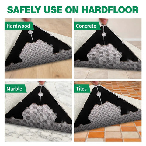 16 Pack Non Slip Carpet Tape and Rug Pads for Area Rugs on Hardwood Floors, Laminate, Tile, and LVP Floors showing usage on various surfaces.