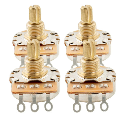 Pro Grade Brass 250K Linear Taper Potentiometers For Electric Guitars And Basses, Inch Sized 24-Spline Split Shaft, Set Of 4