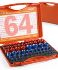 Open case of 64-Piece Nut And Bolt Thread Checker Kit with 30 standard, 34 metric gauges, detachable bolt size finder, blue and orange