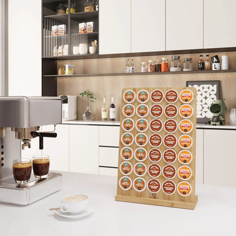 Bamboo K Cup Holder Storage Organizer holds 35 coffee pods on kitchen counter, showing eco-friendly design, 11x4.3x16.3 size.