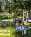 4 Ft Folding Picnic Table Set With 4 Seats And Umbrella Hole Lightweight Aluminum Frame Plastic Top in garden setting