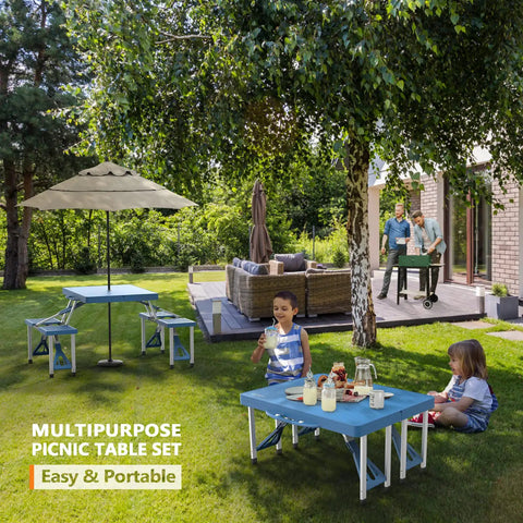 4 Ft Folding Picnic Table Set With 4 Seats And Umbrella Hole Lightweight Aluminum Frame Plastic Top in garden setting