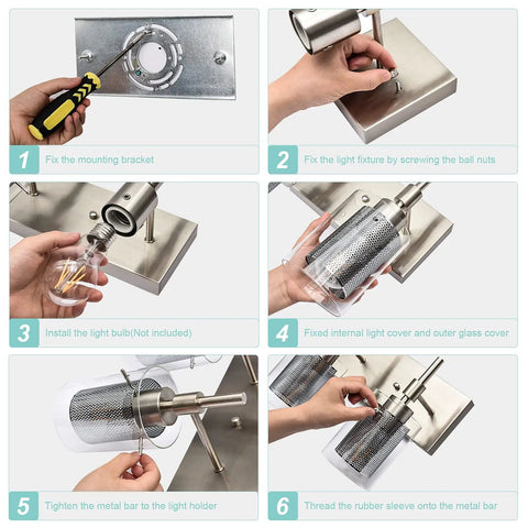 Brushed Nickel Vanity Light Fixture With Clear Glass And Metal Mesh assembly instructions, showing step-by-step installation process.
