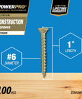 Interior Construction Screws Size 6 X 1 Inch, 100 Pack, with star drive and measurements, displayed on a blue and wood background.