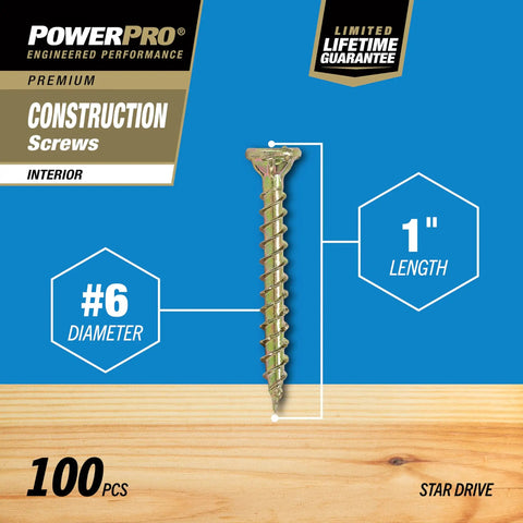 Interior Construction Screws Size 6 X 1 Inch, 100 Pack, with star drive and measurements, displayed on a blue and wood background.