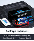 2S 5200mAh LiPo Battery 7.4V 50C High-Drain Pack with beefy hard case, T connector next to box and manual