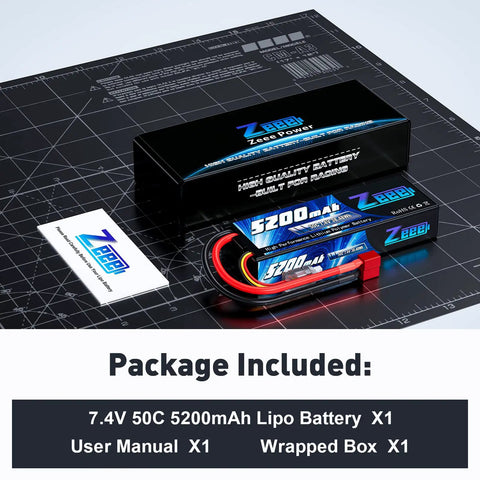 2S 5200mAh LiPo Battery 7.4V 50C High-Drain Pack with beefy hard case, T connector next to box and manual