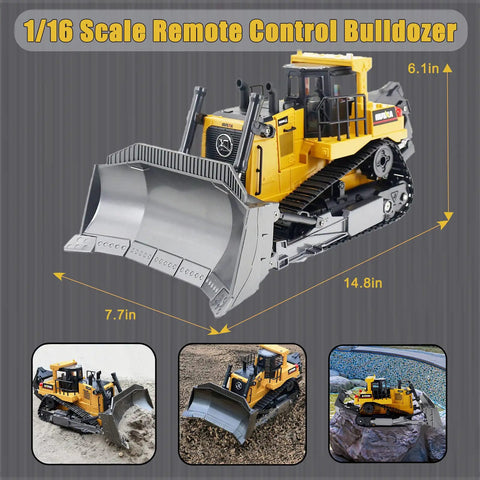Remote Control Bulldozer One Sixteenth Scale With Light And Sound Nine Channel Front Loader RC Toy Built Tough For Kids Ages Three Through Ten Plus Realistic Metal Roof And Alloy Body For Durable Kid Friendly Play.}