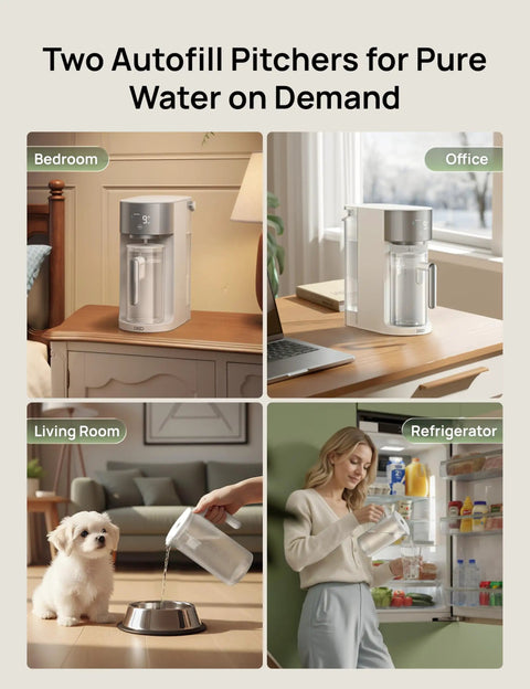 AutoFill Reverse Osmosis Water Pitcher Replacement for WF112 113 114 115 shown in bedroom, office, living room, and refrigerator