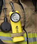 Survivor 175 Lumen Alkaline Safety Rated Firefighter Right Angle Flashlight with Tough As Nails Nylon Body attached to gear