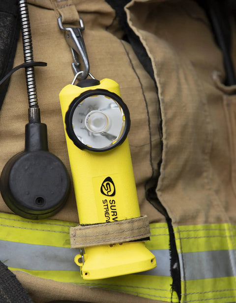 Survivor 175 Lumen Alkaline Safety Rated Firefighter Right Angle Flashlight with Tough As Nails Nylon Body attached to gear