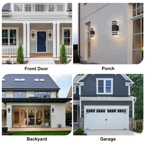 Two Pack No Fuss Dusk To Dawn LED Outdoor Lights illuminating front door, porch, backyard, and garage with 14W waterproof fixtures