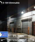 120W LED Wall Pack Light With Dusk To Dawn Sensor illuminating warehouse exterior at night with adjustable dimming feature