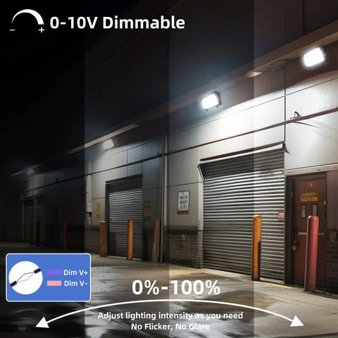 120W LED Wall Pack Light With Dusk To Dawn Sensor illuminating warehouse exterior at night with adjustable dimming feature
