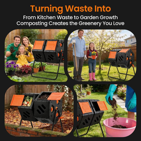 170L Outdoor Compost Tumbler With Ventilation System for kitchen scraps and garden waste in backyard setting