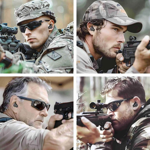 Men using Electronic Ear Plugs With 26dB Noise Reduction And Sound Amplification For Shooting Range Hunting And Tactical Ops