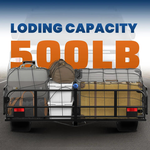 60 Inch Folding Hitch Mount Cargo Carrier Basket with luggage, 500 lb capacity, on SUV truck, showcasing load capacity.