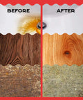 Product showing before and after effects of Oxalic Acid Wood Cleaner 1 Lb Fine Powder 99.9 Percent Purity Multipurpose Cleaner For Wood Stain Removal And Rust Removal Industrial Grade Strength Plus.