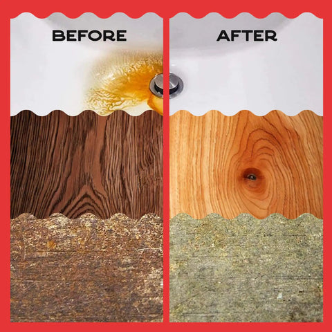 Product showing before and after effects of Oxalic Acid Wood Cleaner 1 Lb Fine Powder 99.9 Percent Purity Multipurpose Cleaner For Wood Stain Removal And Rust Removal Industrial Grade Strength Plus.