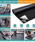 Hella Durable 40X20 Foot EPDM Rubber Roofing Membrane Roll With Self Adhesive Reinforced Waterproofing Sheet For Roofs And Patios Includes Seam Roller For No Stress Install, showing application on various roof types.