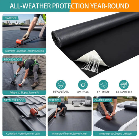 Hella Durable 40X20 Foot EPDM Rubber Roofing Membrane Roll With Self Adhesive Reinforced Waterproofing Sheet For Roofs And Patios Includes Seam Roller For No Stress Install, showing application on various roof types.