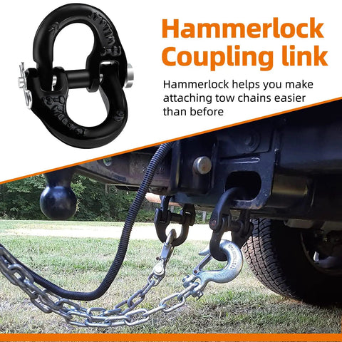 2 Pack Hammerlock Coupling Link Safety Chain Adapter for Tow Hitches attached to a trailer hitch with durable steel chains