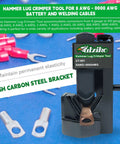 Beefy Hammer Lug Crimp Tool For 8 AWG To 0000 AWG Battery And Welding Cables on display with cable lugs