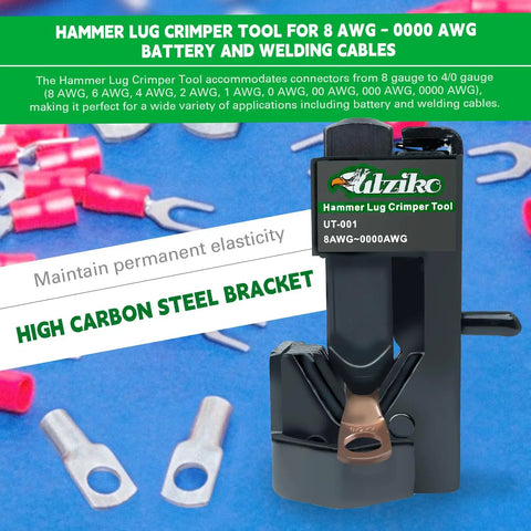 Beefy Hammer Lug Crimp Tool For 8 AWG To 0000 AWG Battery And Welding Cables on display with cable lugs
