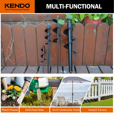 Auger Drill Bits For Planting Set Of 4 Spiral Garden Bulb Planter Tools For Hex Drive Drills with flowers and fence installation.
