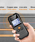 Wall Scanner And Stud Finder With Bright LCD Display For Quick Hit The Spot Accuracy Auto Calibration, showing features for detecting rebar, copper pipe, and live wire.