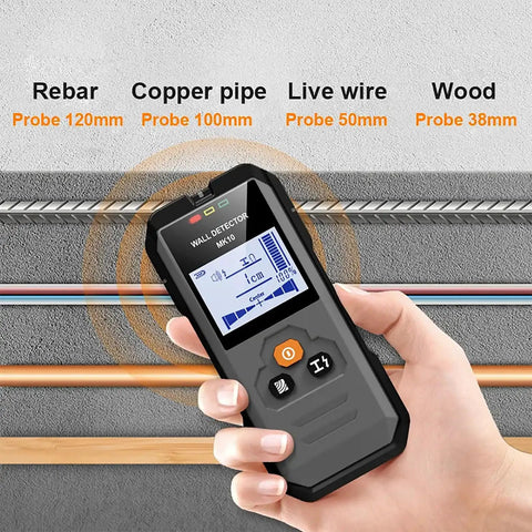 Wall Scanner And Stud Finder With Bright LCD Display For Quick Hit The Spot Accuracy Auto Calibration, showing features for detecting rebar, copper pipe, and live wire.